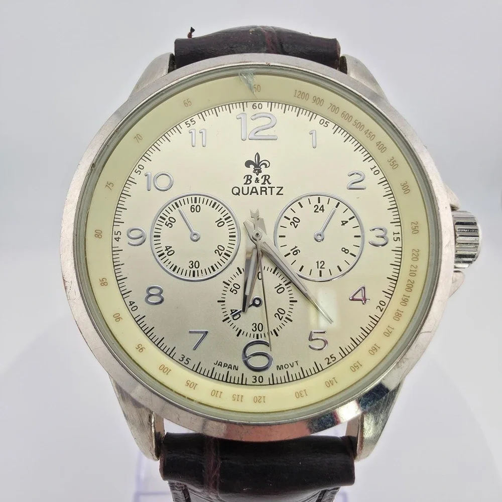 Vintage BELLA & ROSE Men's Watch Tachymeter Bezel Brown Leather Strap 8.75